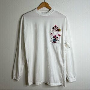 Vintage Disney Mickey & Minnie Long Sleeve Shirt Cotton Embroidered White Size L